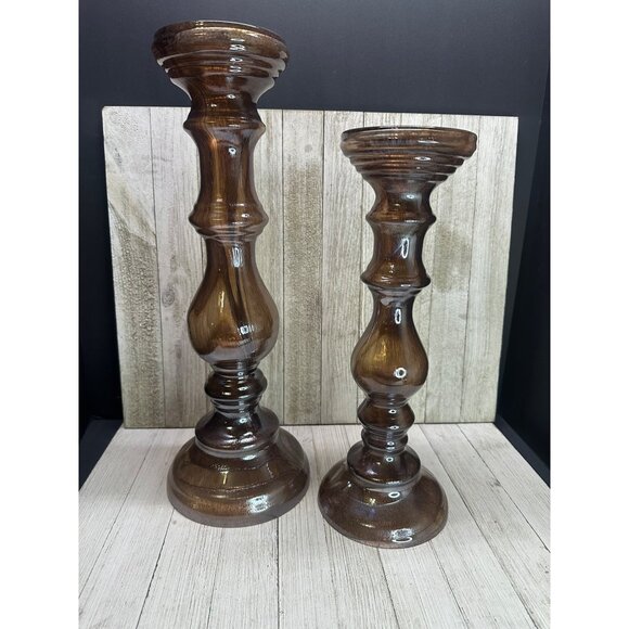Vtg MCM Blown Glass Amber Brown Swirl Set of 2 Candle Holders 16.5" &  14" Tall - Picture 1 of 7